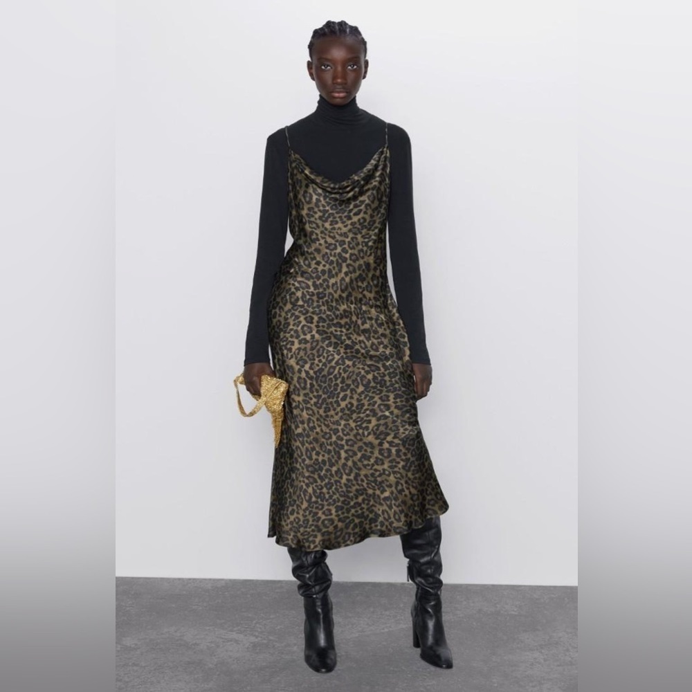 Zara Animal Print Flowing Camisole Midi Slip Dress Green/Black Size S